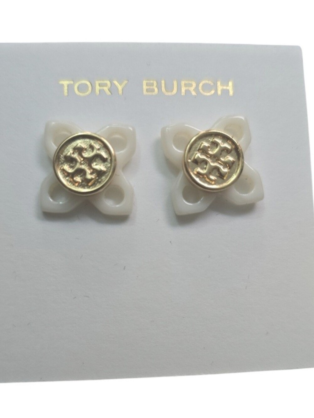 Tory Burch Cream and Gold Floral Logo Stud Earrings